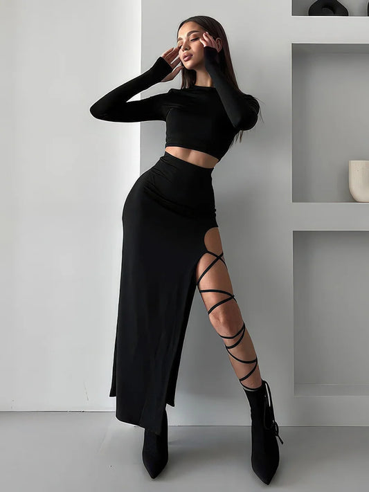 Long-sleeved top sexy skirt two-piece set