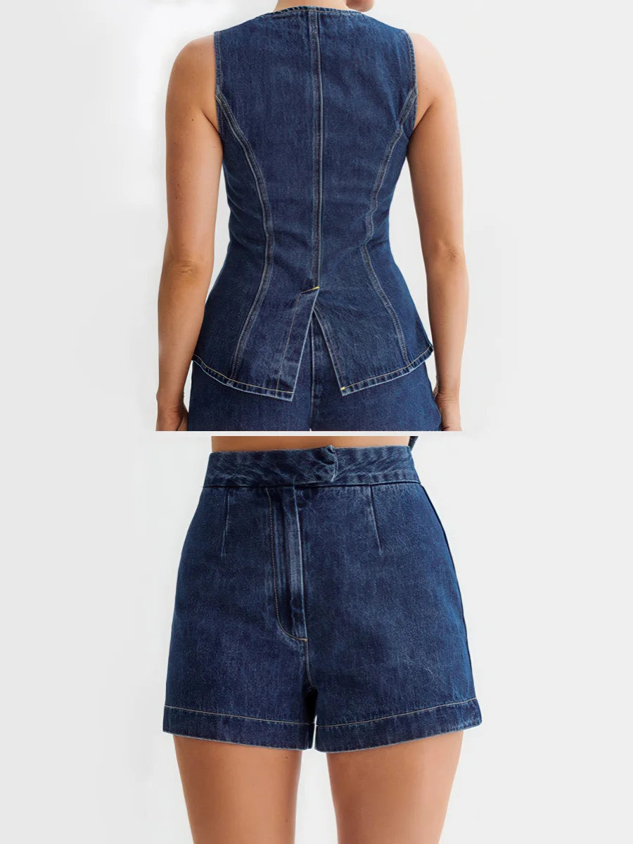 Sleeveless Top High Waist Denim Shorts Women's Suit