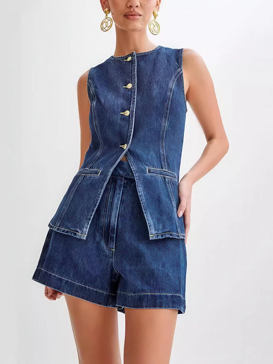 Sleeveless Top High Waist Denim Shorts Women's Suit