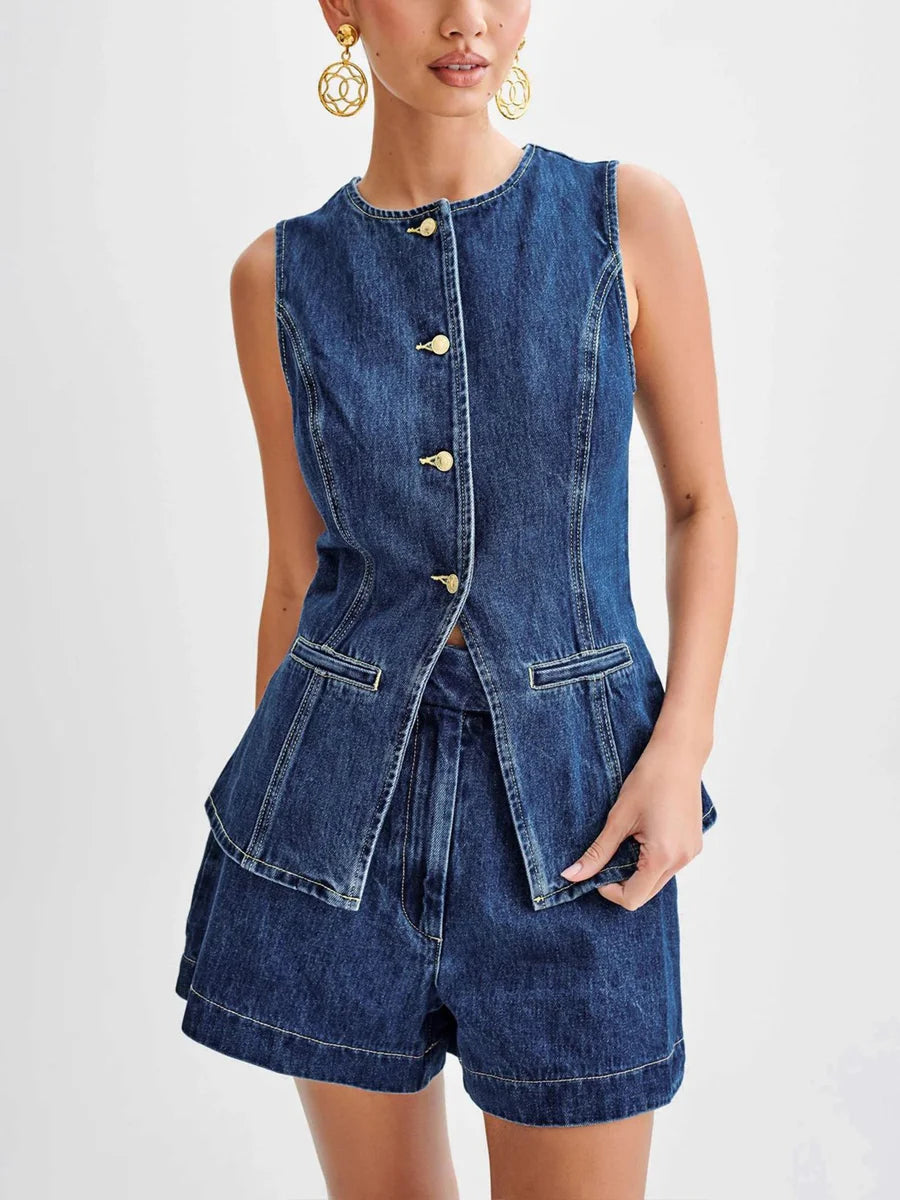 Sleeveless Top High Waist Denim Shorts Women's Suit