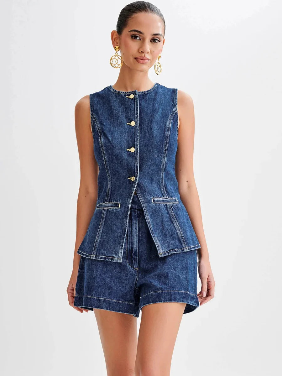 Sleeveless Top High Waist Denim Shorts Women's Suit