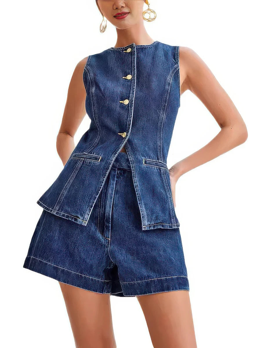 Sleeveless Top High Waist Denim Shorts Women's Suit