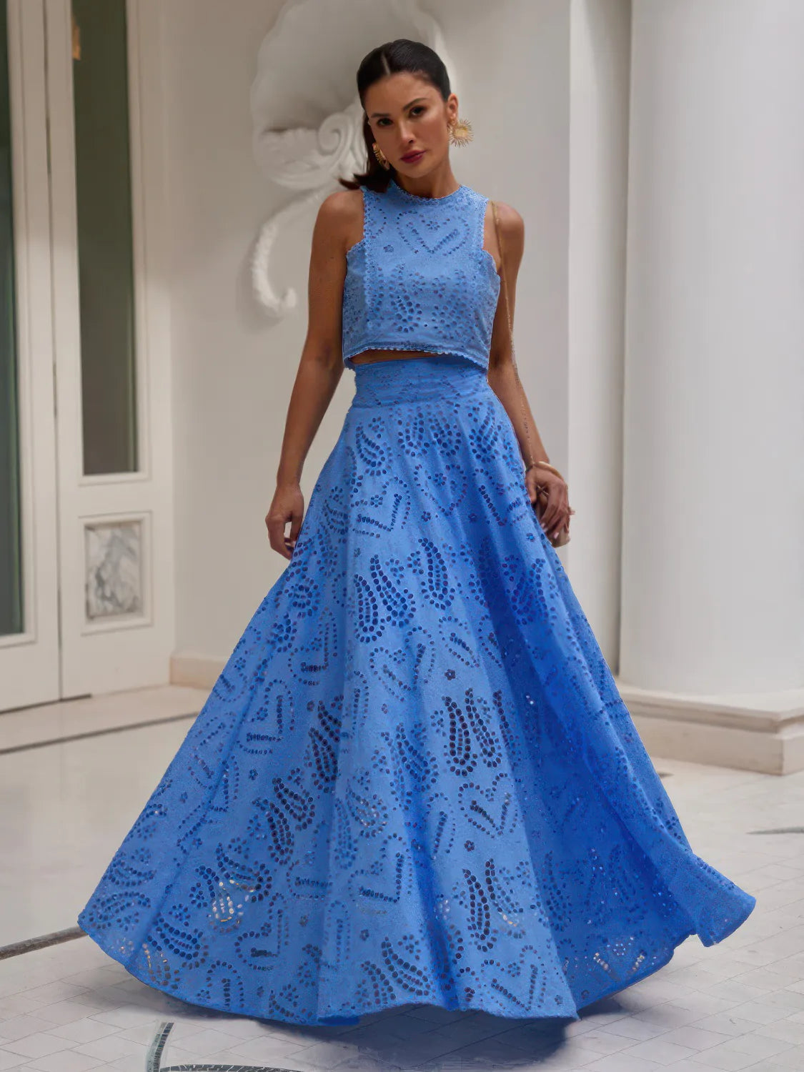 Sleeveless Embroidered Hollow Lace Maxi Skirt 2-Piece Set