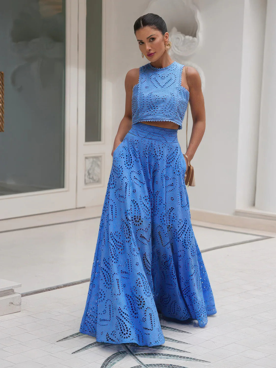 Sleeveless Embroidered Hollow Lace Maxi Skirt 2-Piece Set