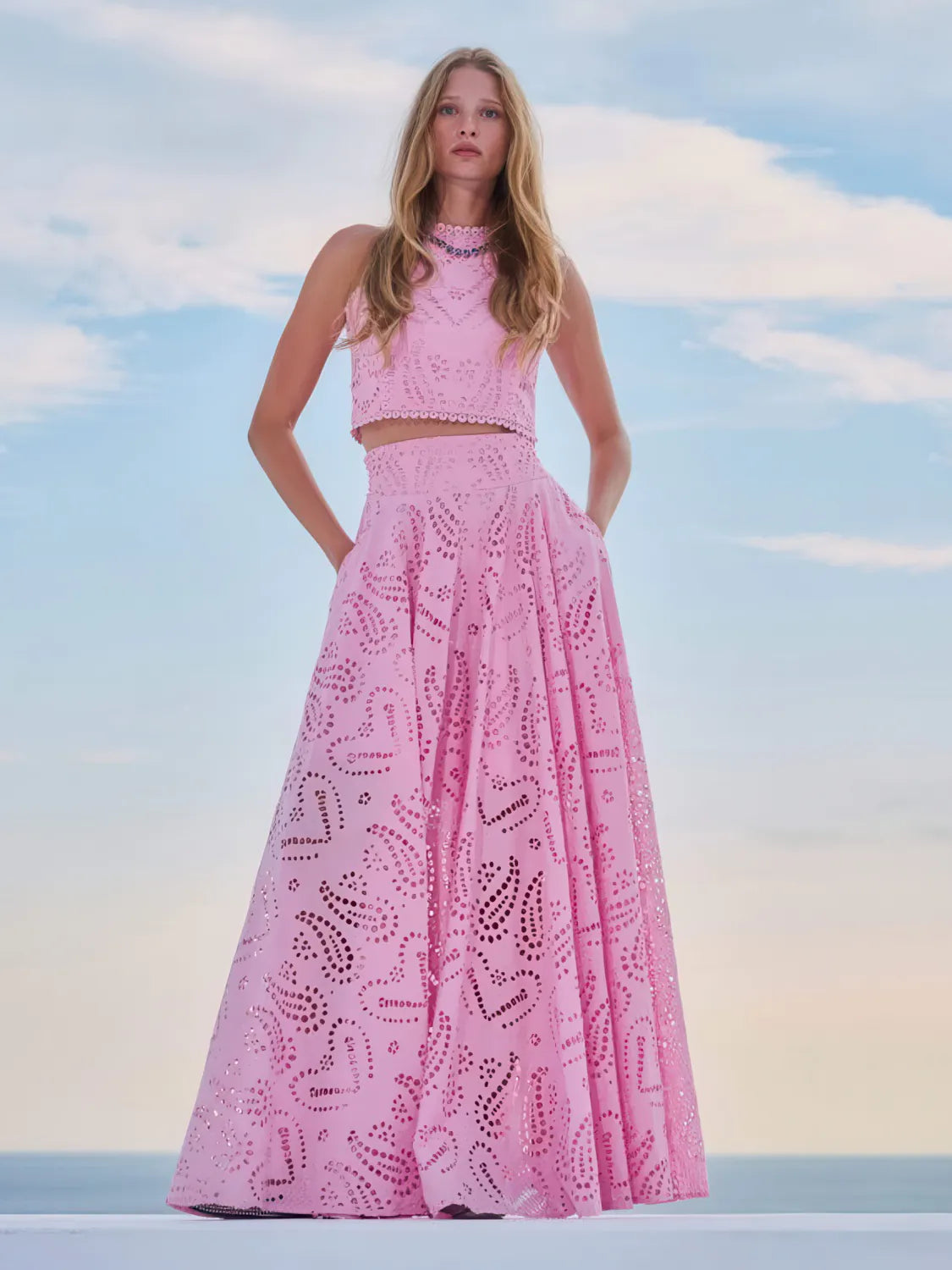 Sleeveless Embroidered Hollow Lace Maxi Skirt 2-Piece Set