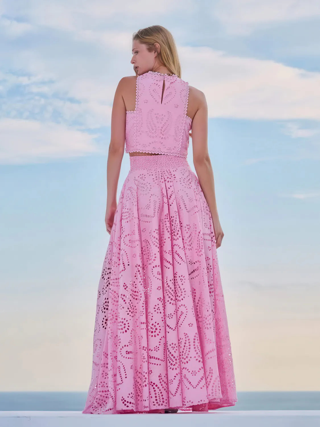 Sleeveless Embroidered Hollow Lace Maxi Skirt 2-Piece Set