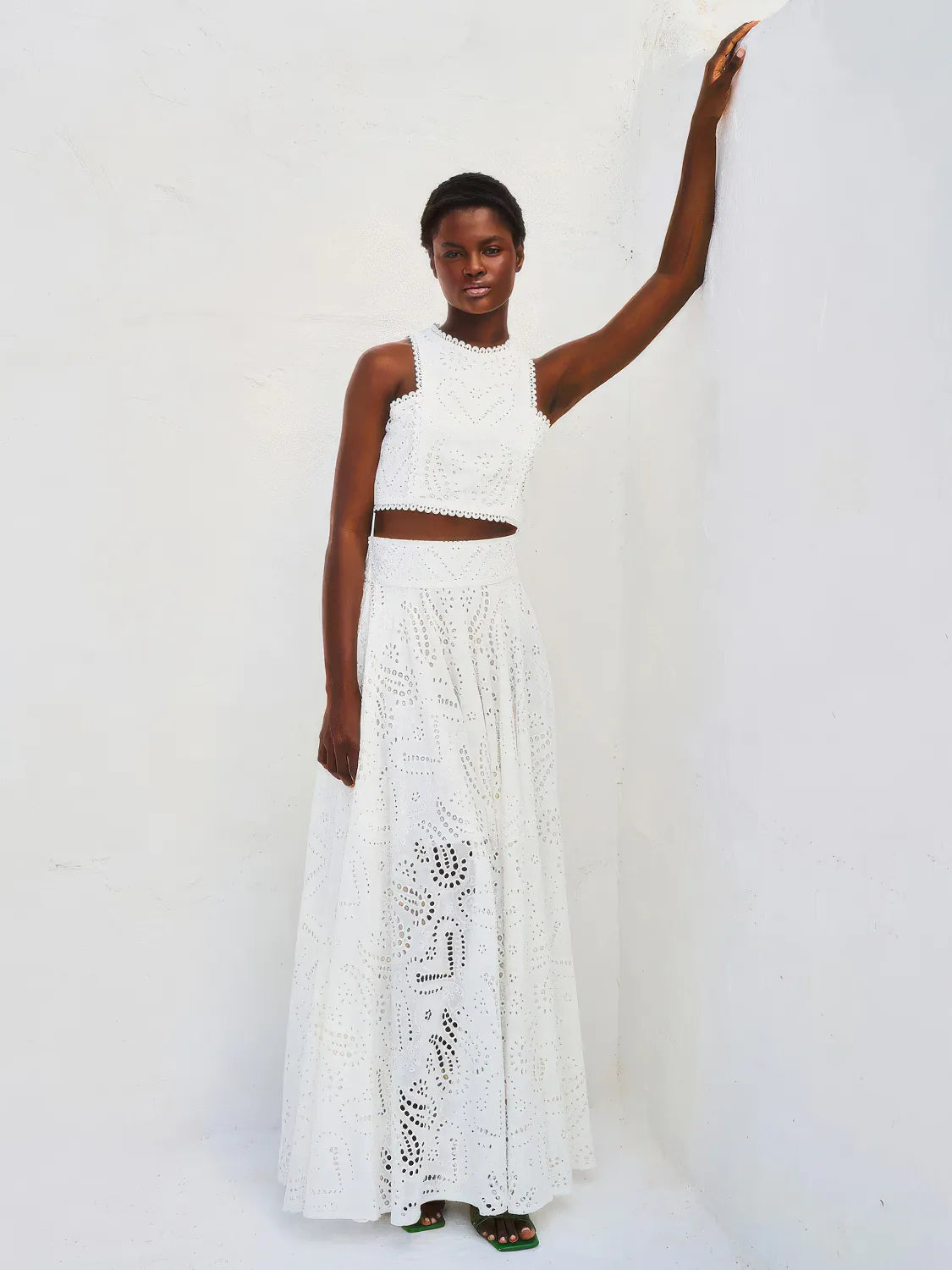 Sleeveless Embroidered Hollow Lace Maxi Skirt 2-Piece Set