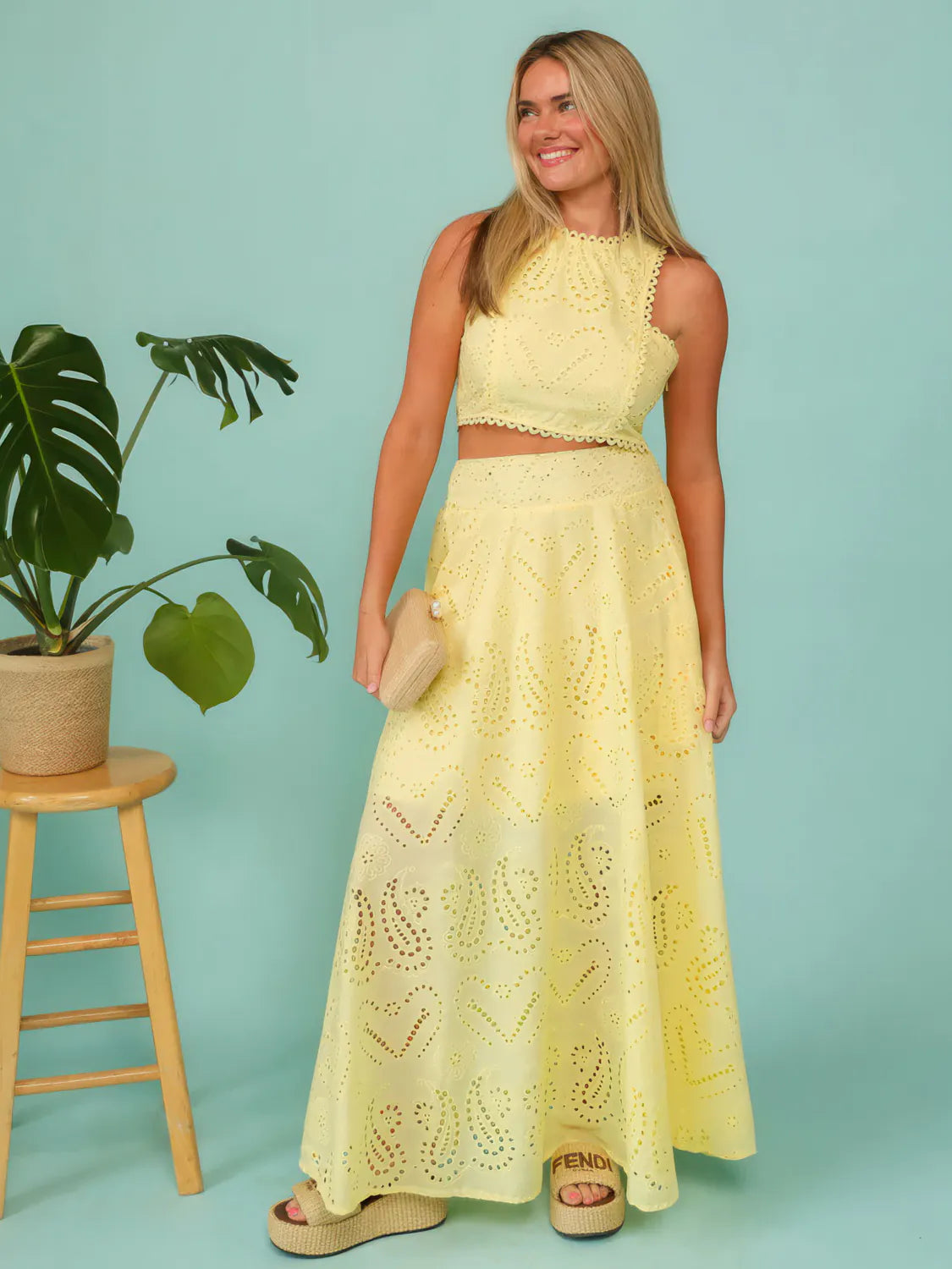 Sleeveless Embroidered Hollow Lace Maxi Skirt 2-Piece Set