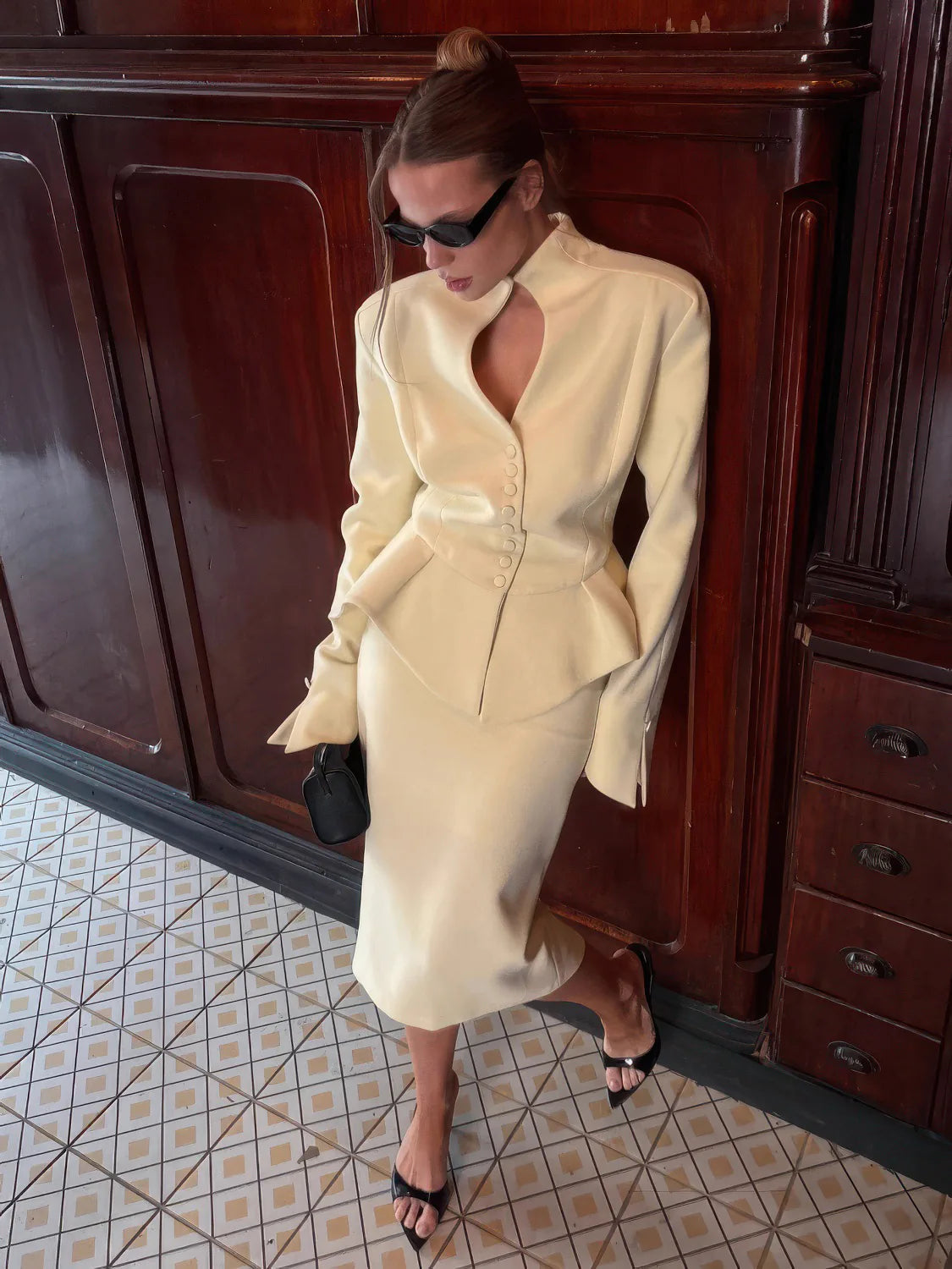 Two-Piece Suit with Long Sleeve Jacket and Skirt