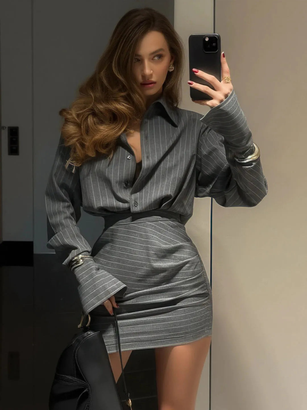 Striped Long-Sleeved Shirt and Skirt Set