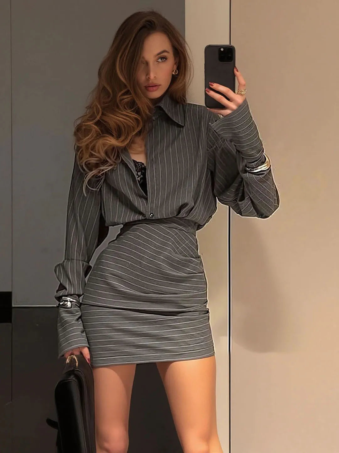 Striped Long-Sleeved Shirt and Skirt Set