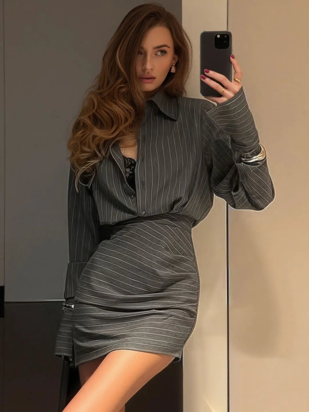 Striped Long-Sleeved Shirt and Skirt Set