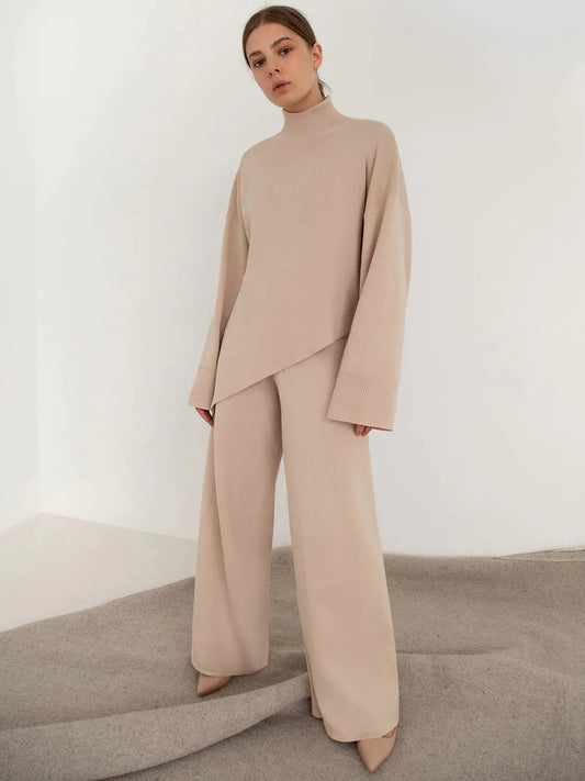 Half-Mount Neck Asymmetrical Sweater and Wide-Leg Pants Two-Piece Set