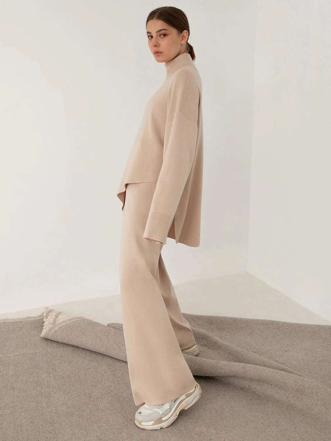 Half-Mount Neck Asymmetrical Sweater and Wide-Leg Pants Two-Piece Set