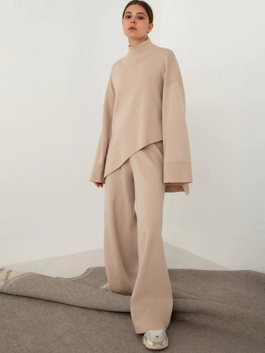 Half-Mount Neck Asymmetrical Sweater and Wide-Leg Pants Two-Piece Set
