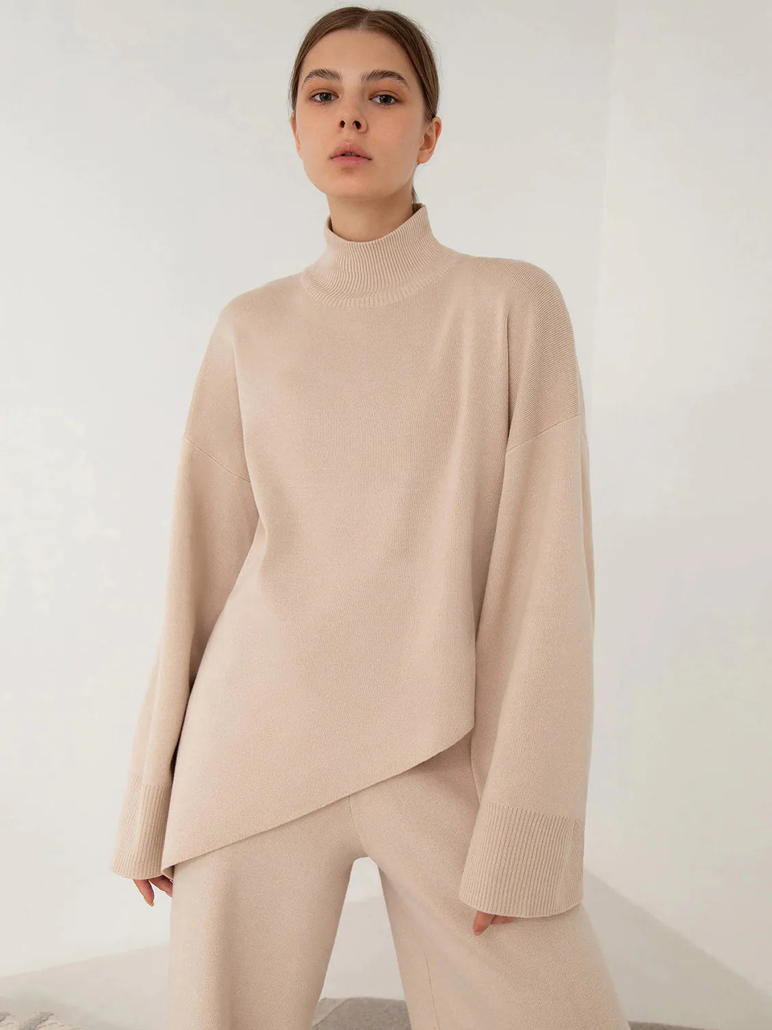 Half-Mount Neck Asymmetrical Sweater and Wide-Leg Pants Two-Piece Set