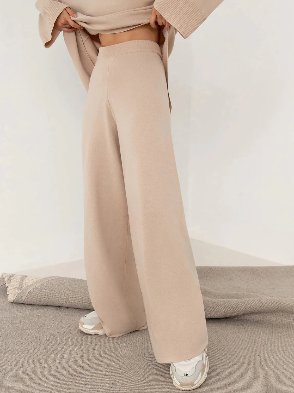 Half-Mount Neck Asymmetrical Sweater and Wide-Leg Pants Two-Piece Set