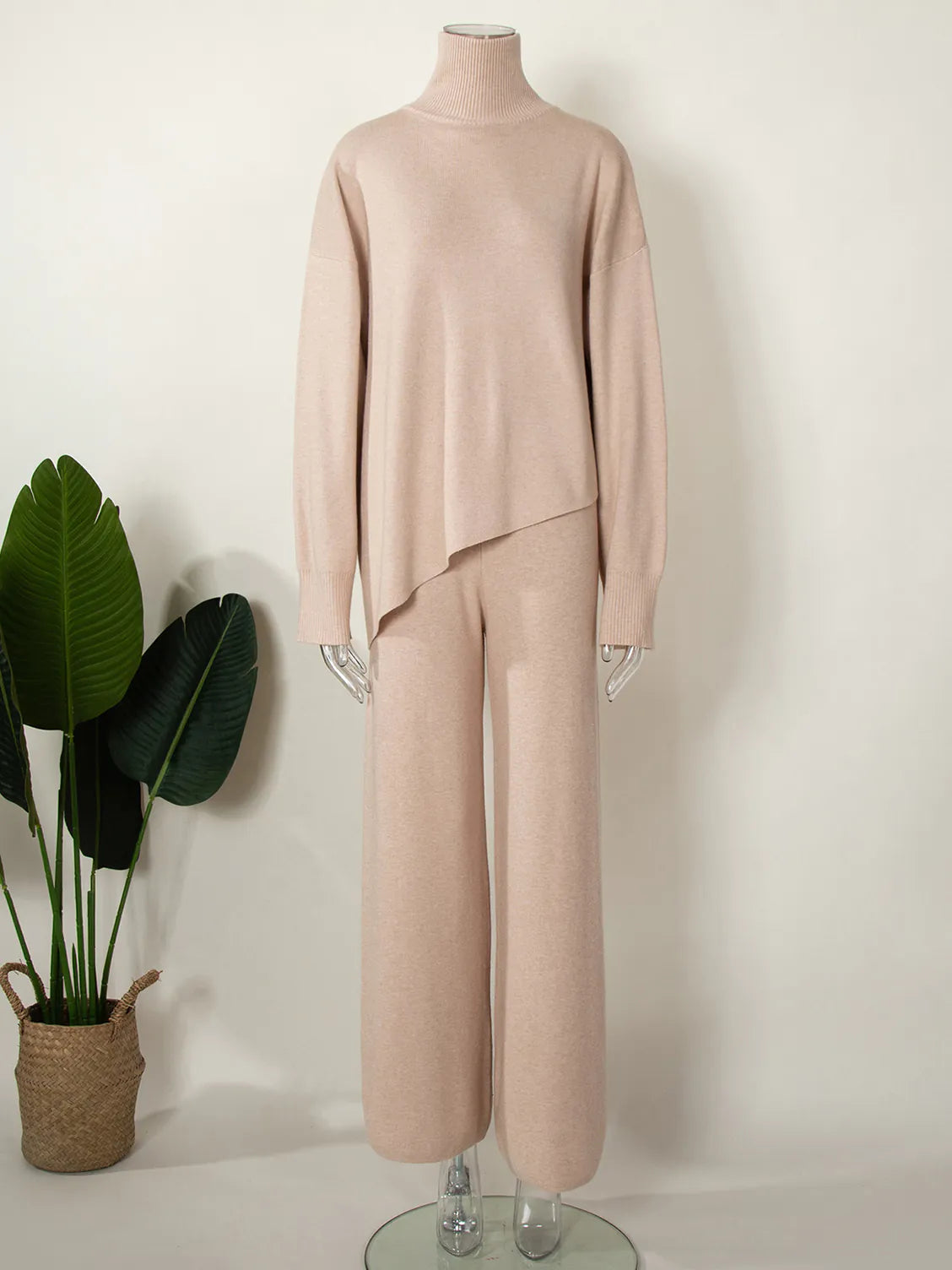 Half-Mount Neck Asymmetrical Sweater and Wide-Leg Pants Two-Piece Set
