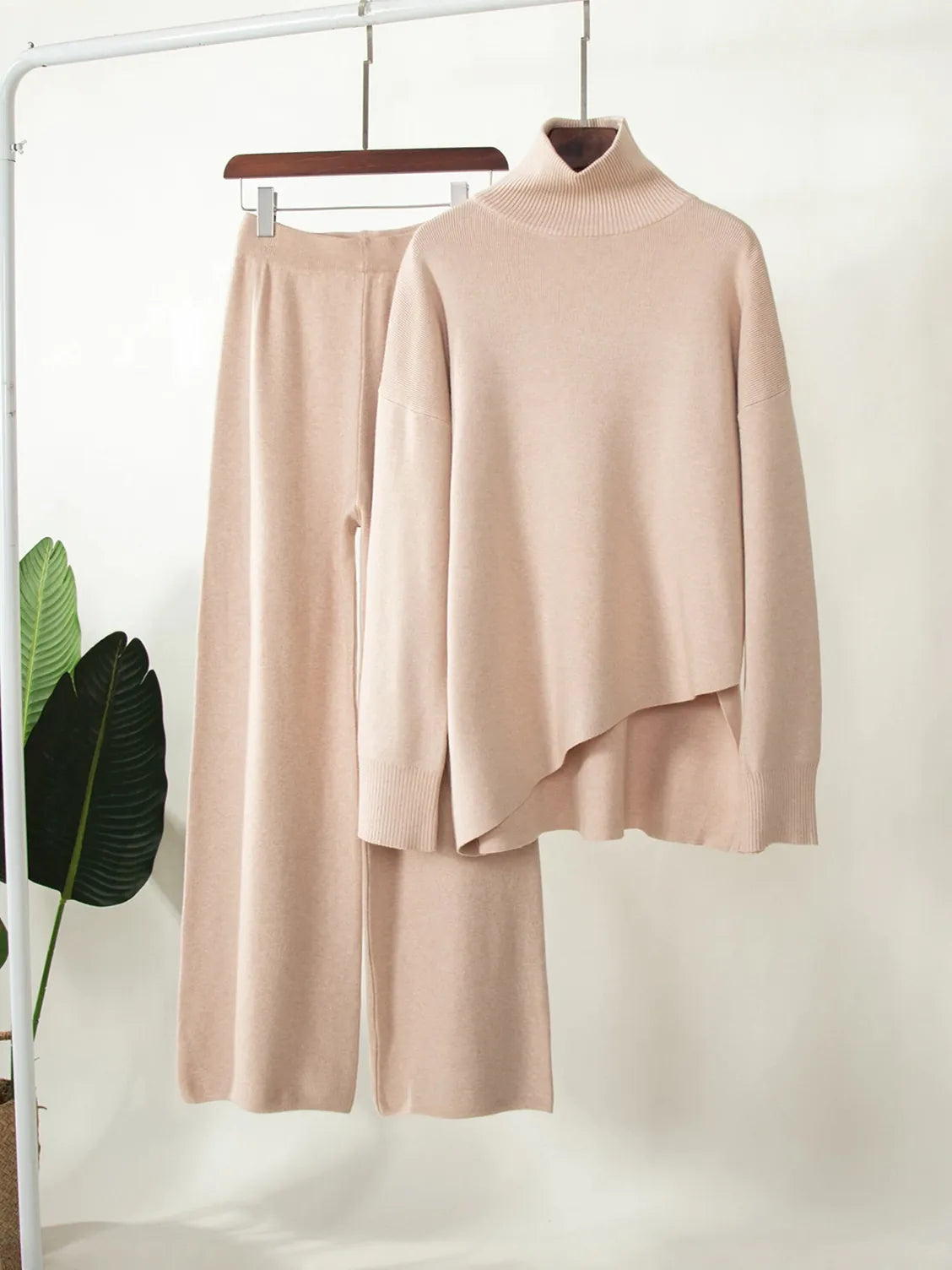 Half-Mount Neck Asymmetrical Sweater and Wide-Leg Pants Two-Piece Set