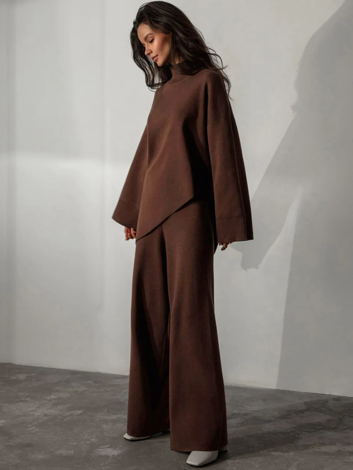Half-Mount Neck Asymmetrical Sweater and Wide-Leg Pants Two-Piece Set