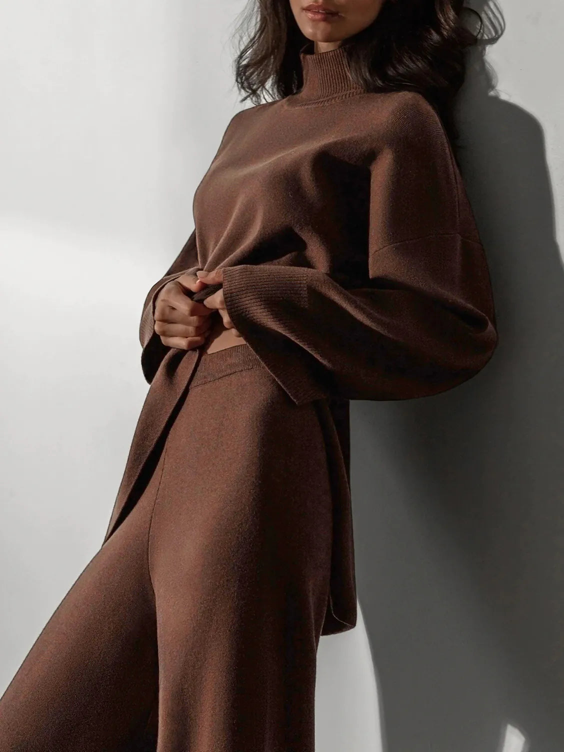 Half-Mount Neck Asymmetrical Sweater and Wide-Leg Pants Two-Piece Set