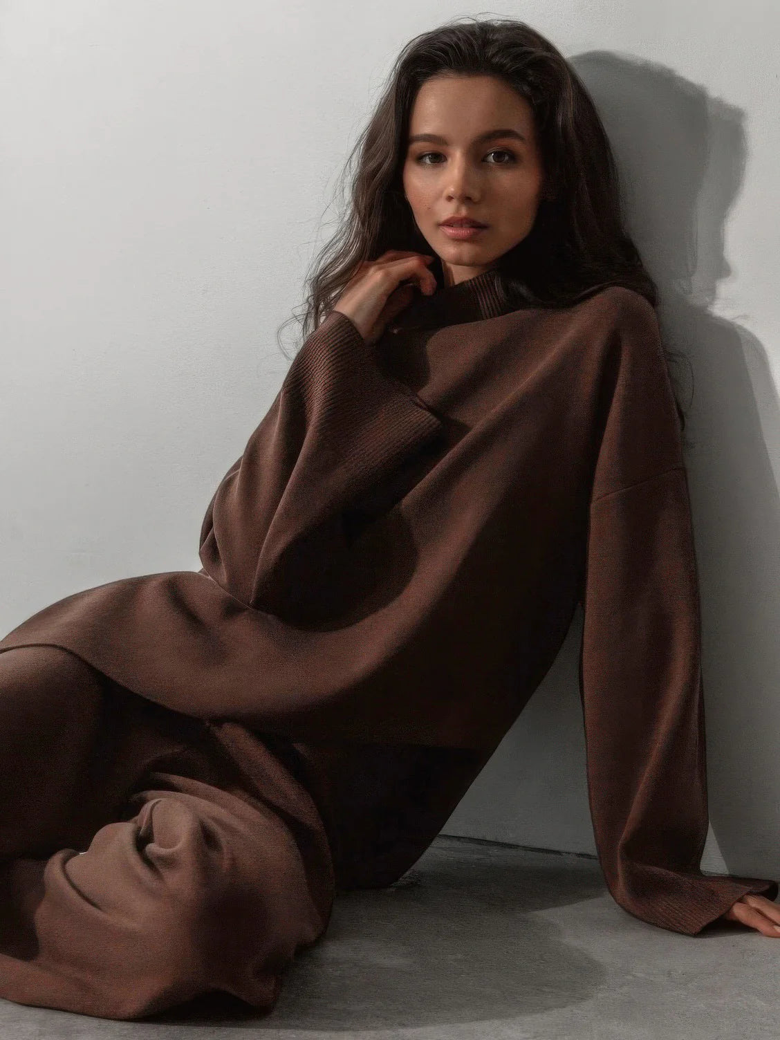 Half-Mount Neck Asymmetrical Sweater and Wide-Leg Pants Two-Piece Set