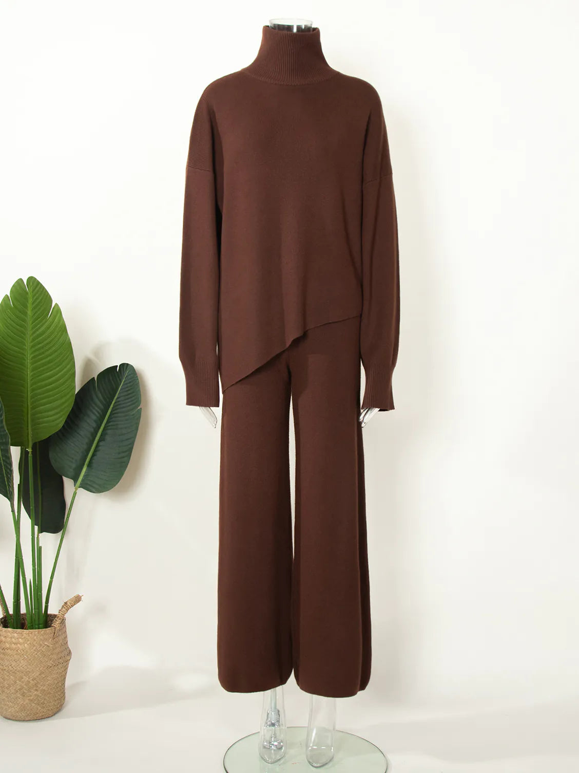 Half-Mount Neck Asymmetrical Sweater and Wide-Leg Pants Two-Piece Set