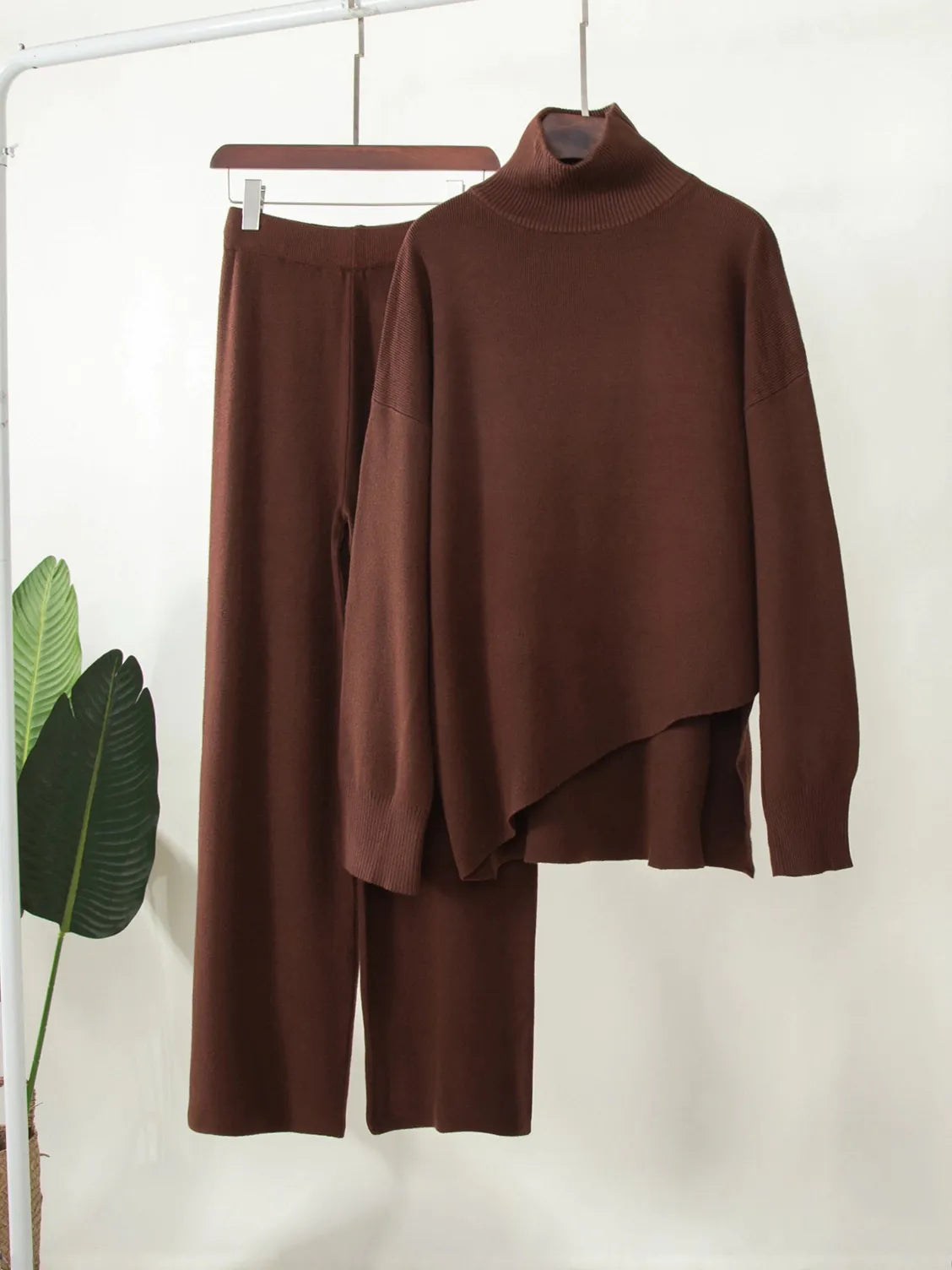 Half-Mount Neck Asymmetrical Sweater and Wide-Leg Pants Two-Piece Set