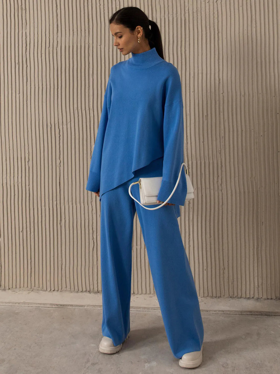 Half-Mount Neck Asymmetrical Sweater and Wide-Leg Pants Two-Piece Set