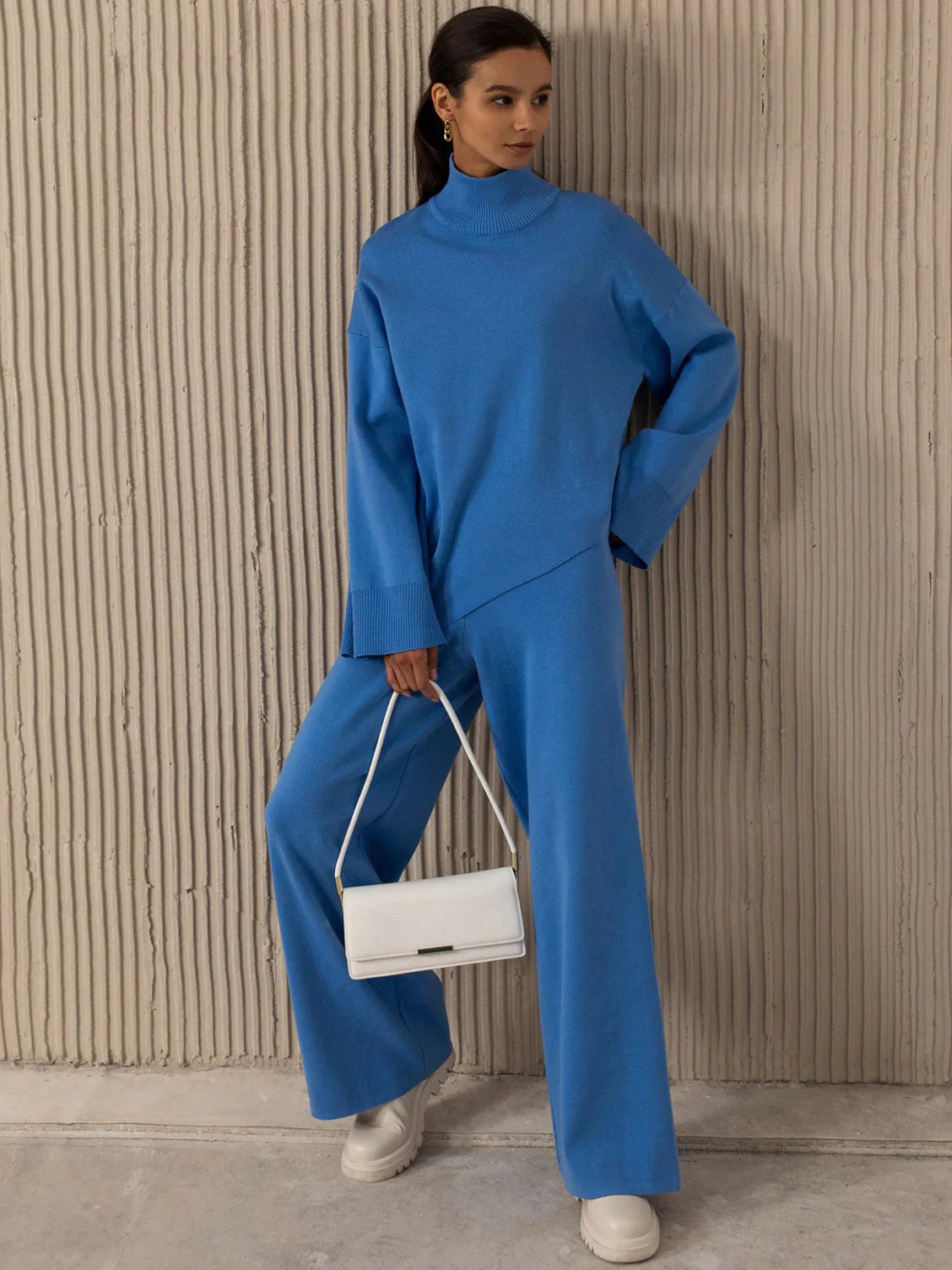 Half-Mount Neck Asymmetrical Sweater and Wide-Leg Pants Two-Piece Set
