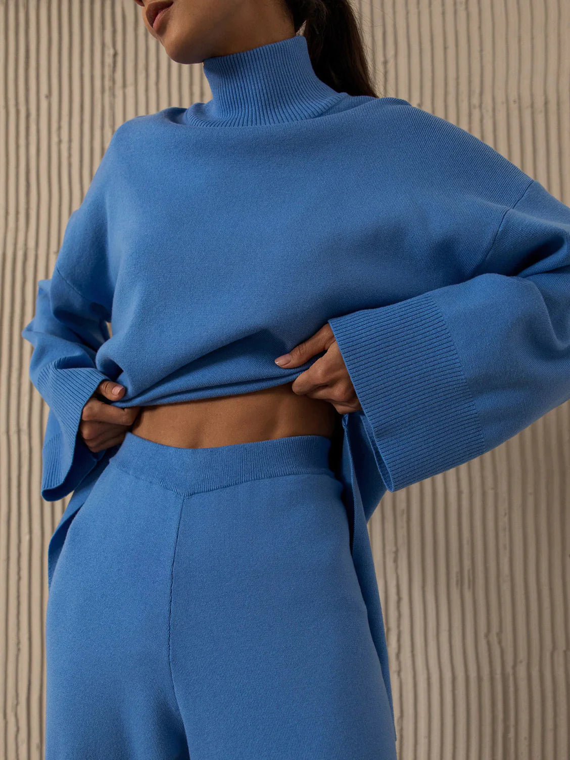 Half-Mount Neck Asymmetrical Sweater and Wide-Leg Pants Two-Piece Set