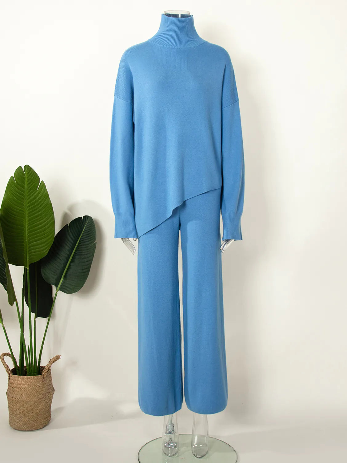 Half-Mount Neck Asymmetrical Sweater and Wide-Leg Pants Two-Piece Set