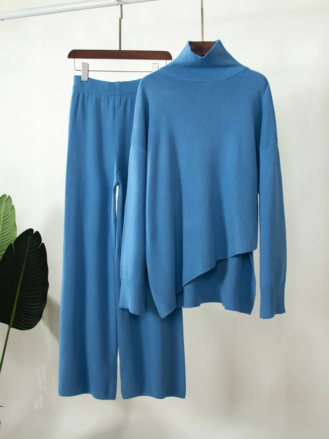 Half-Mount Neck Asymmetrical Sweater and Wide-Leg Pants Two-Piece Set