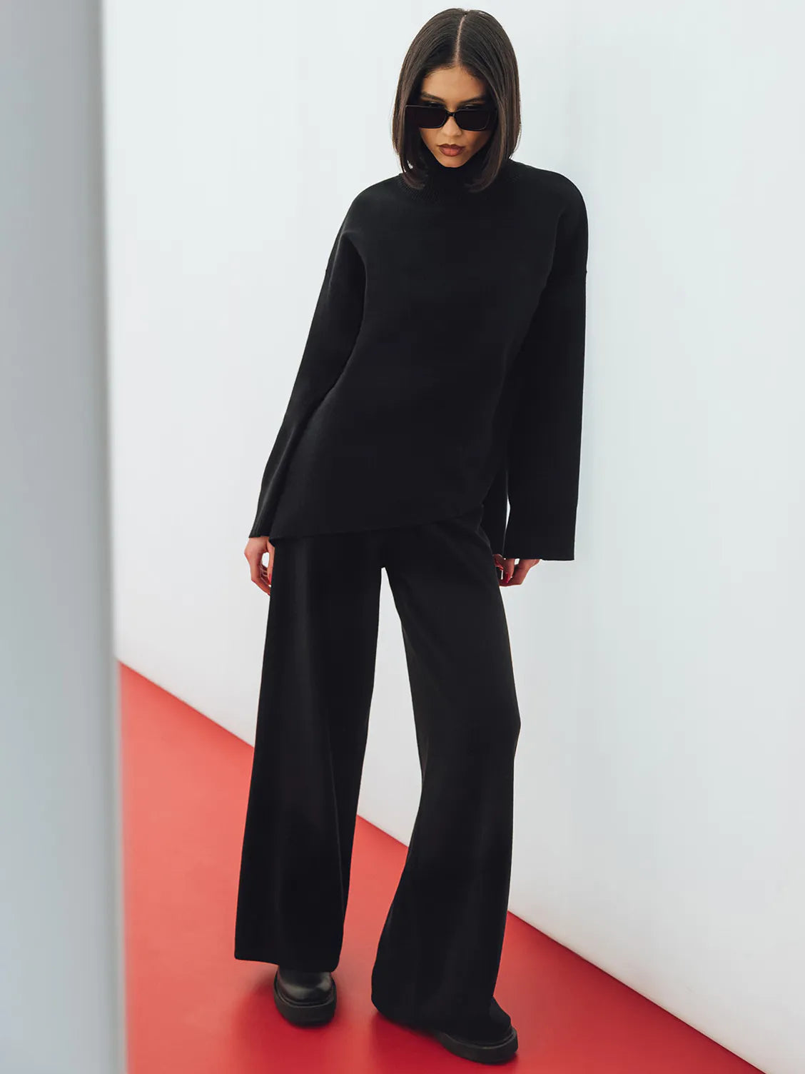 Half-Mount Neck Asymmetrical Sweater and Wide-Leg Pants Two-Piece Set