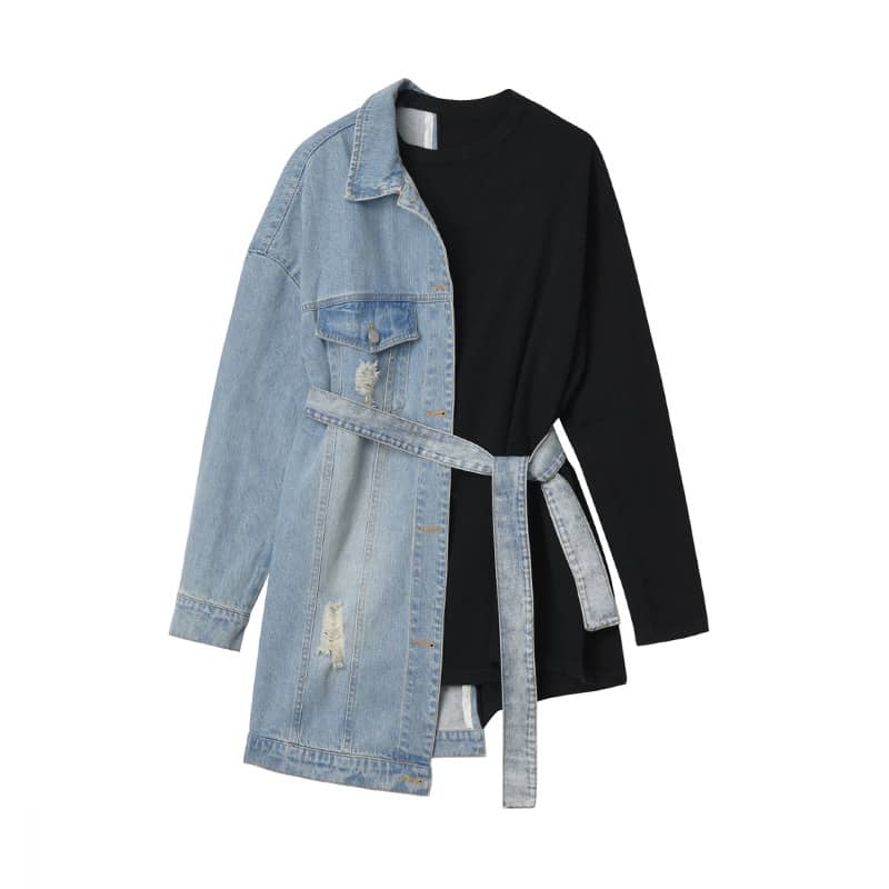 Paneled denim belted jacket