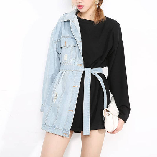 Paneled denim belted jacket