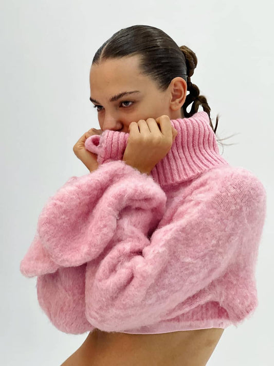 Pink Short Crop Top Turtleneck Sweater