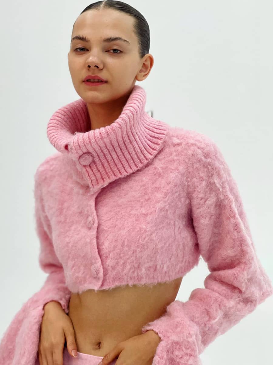 Pink Short Crop Top Turtleneck Sweater