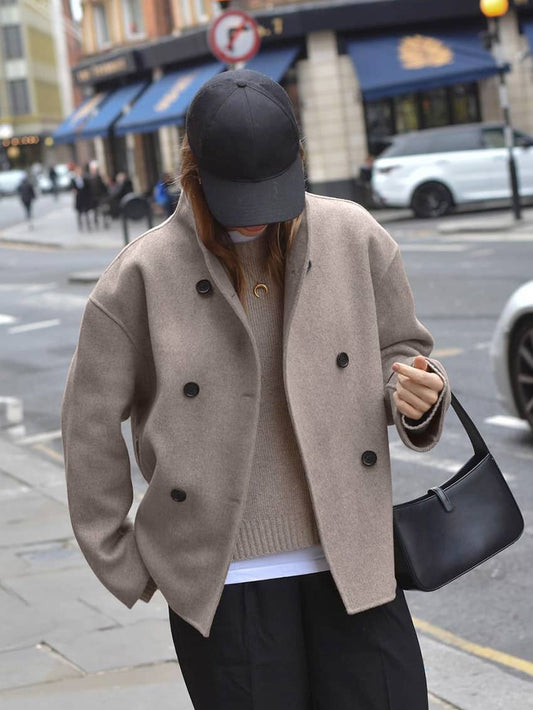 V-neck double-breasted woolen coat