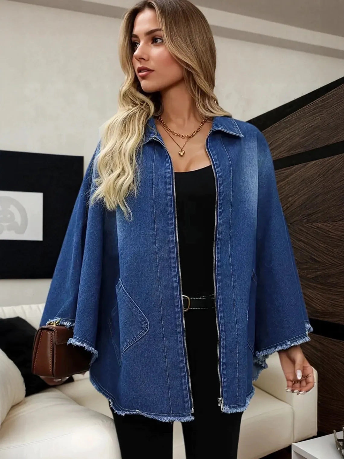Denim Loose Lapel Batwing Sleeve Jacket for Women