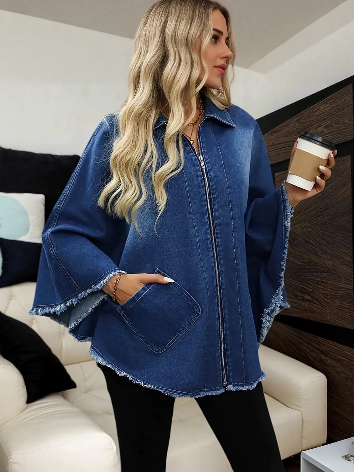 Denim Loose Lapel Batwing Sleeve Jacket for Women