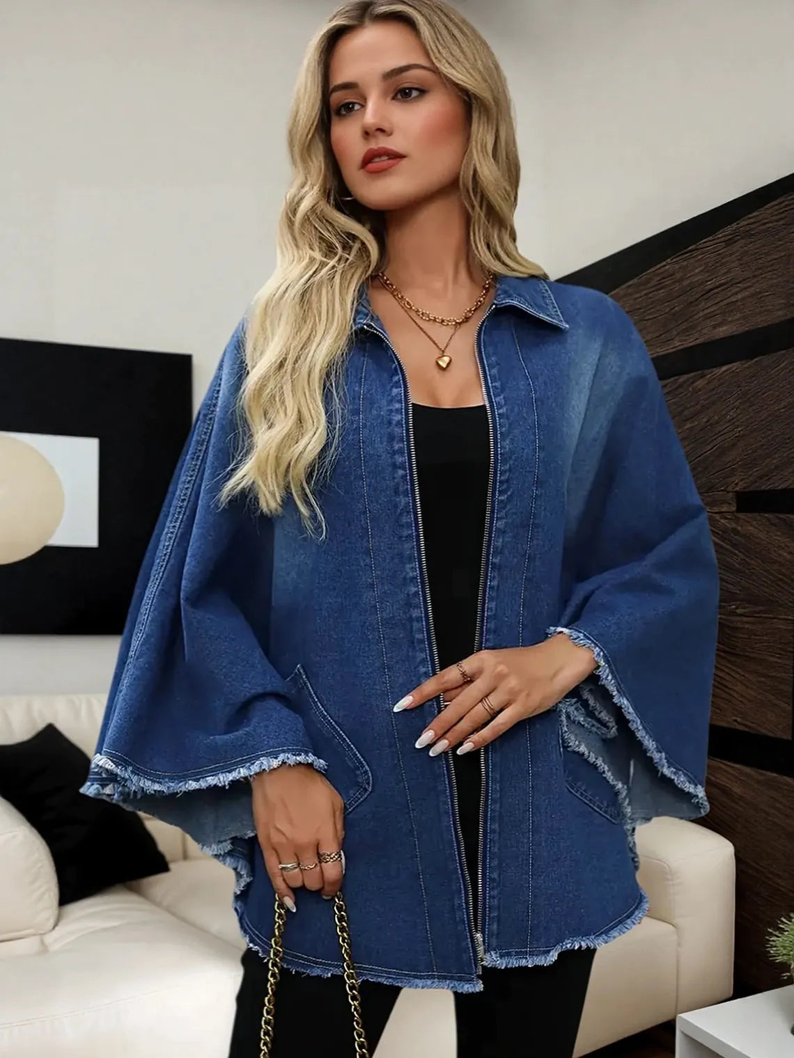 Denim Loose Lapel Batwing Sleeve Jacket for Women