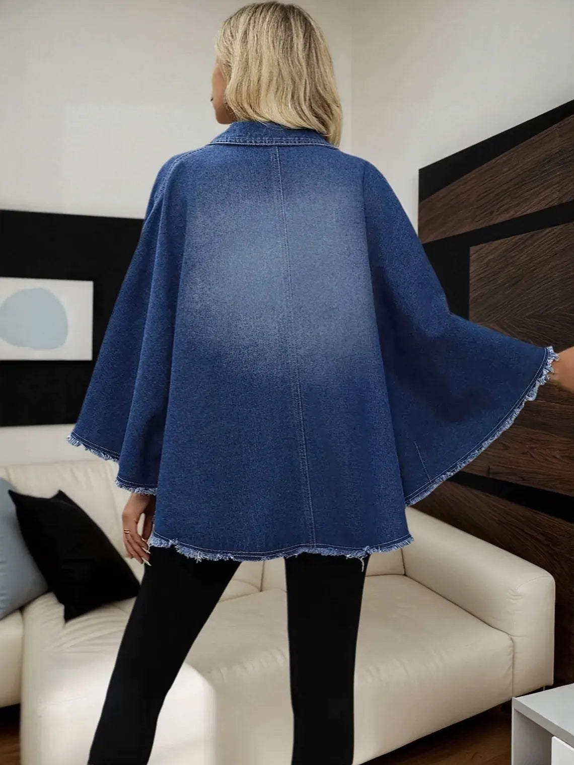 Denim Loose Lapel Batwing Sleeve Jacket for Women