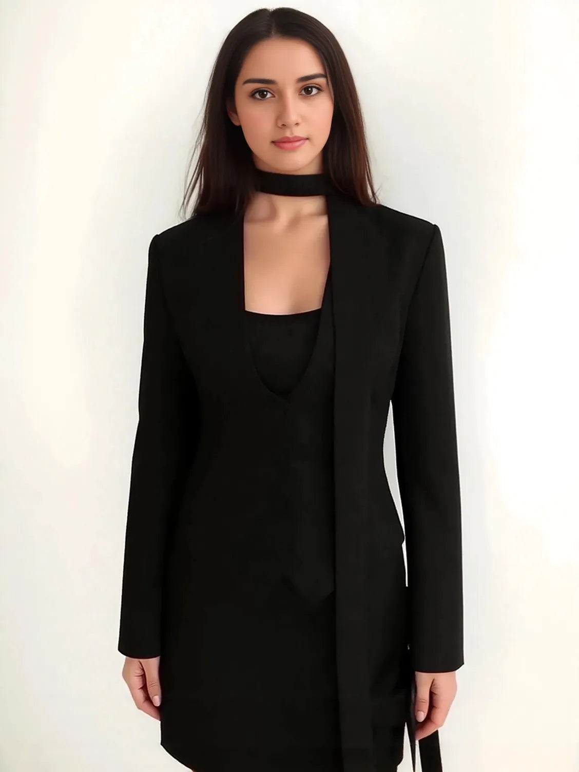 Woman wearing a black dress with a plunging neckline against a white background. #Color_Black