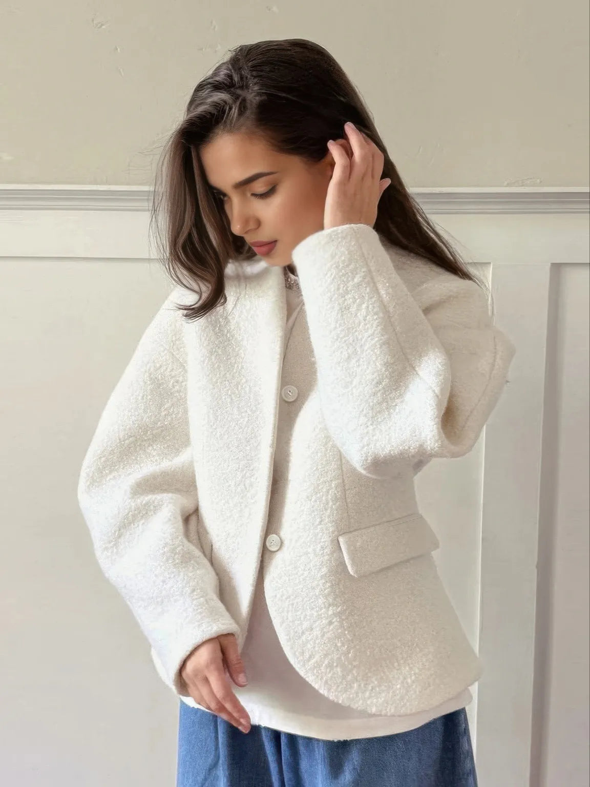 White tweed coat for women