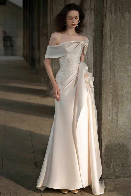 Vintage Satin Tail Wedding Dress Slim Evening Dress