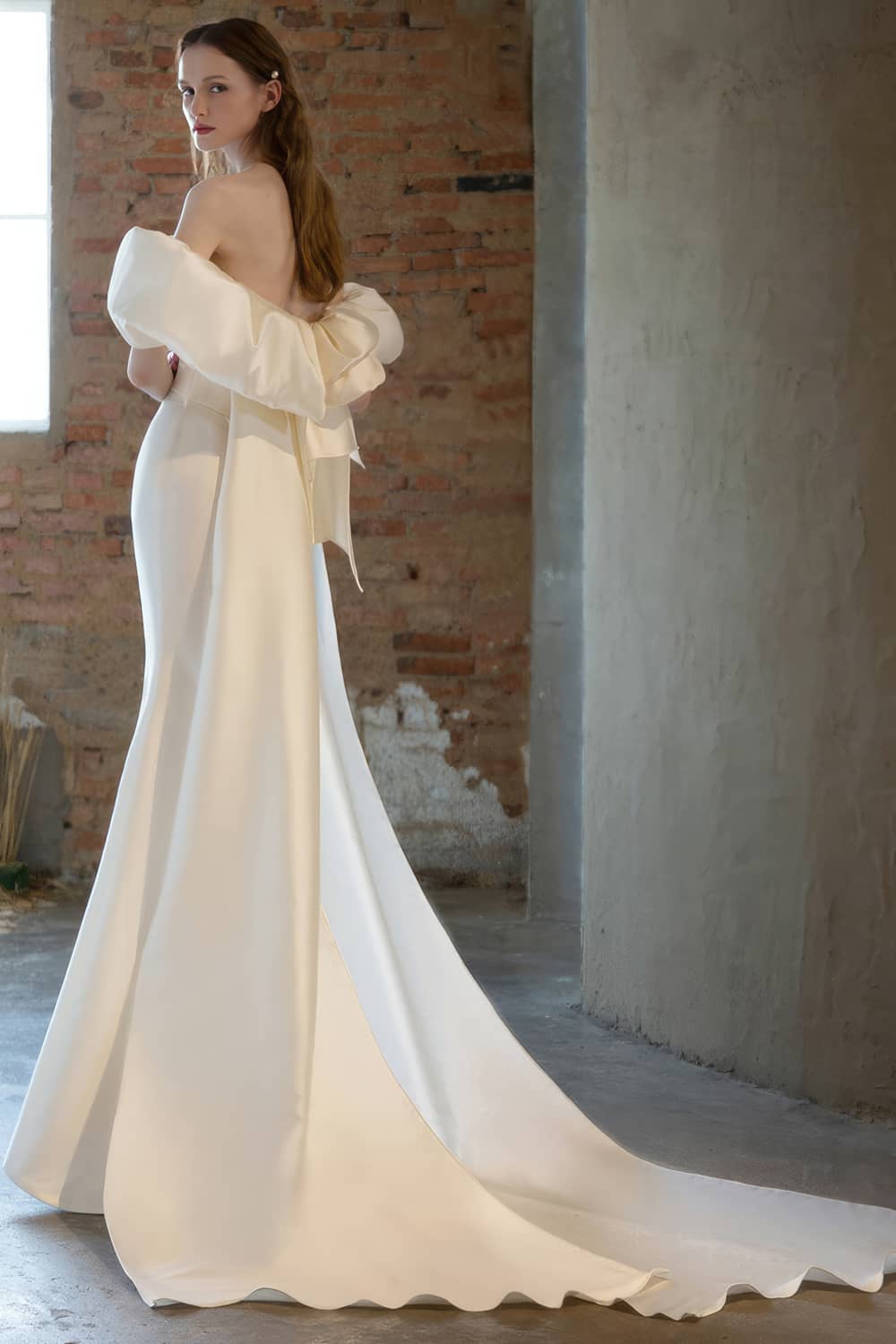 Off-shoulder satin wedding dress