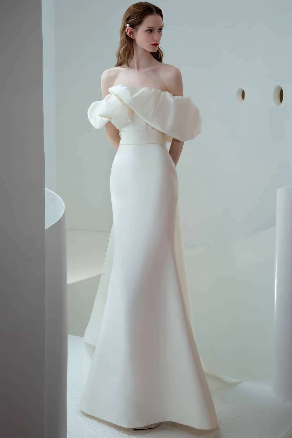 Off-shoulder satin wedding dress