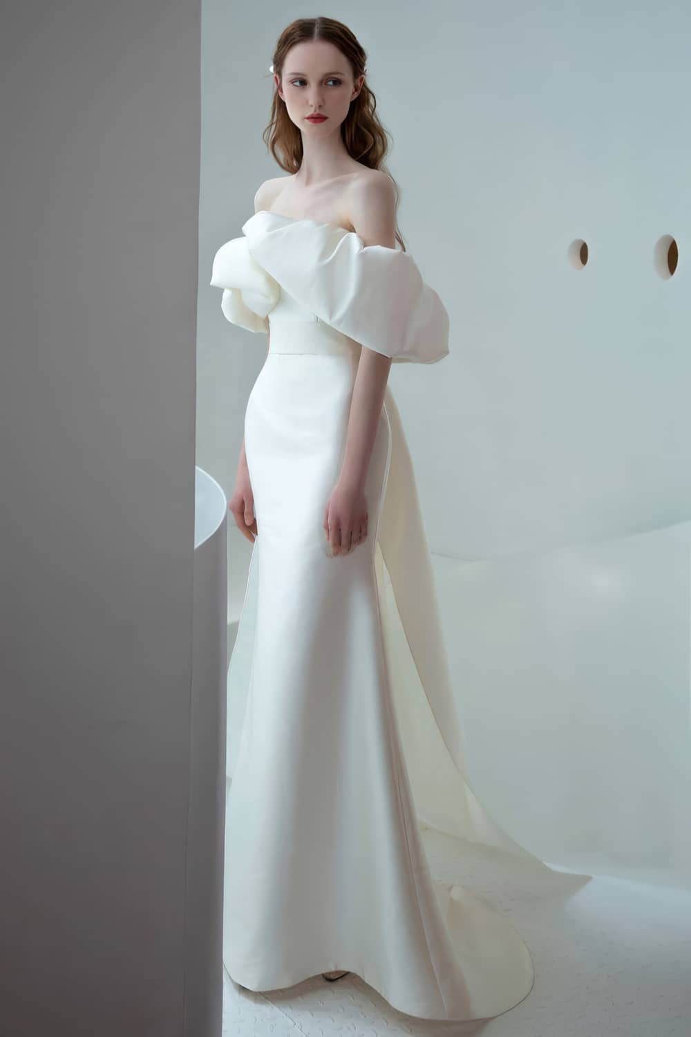 Off-shoulder satin wedding dress