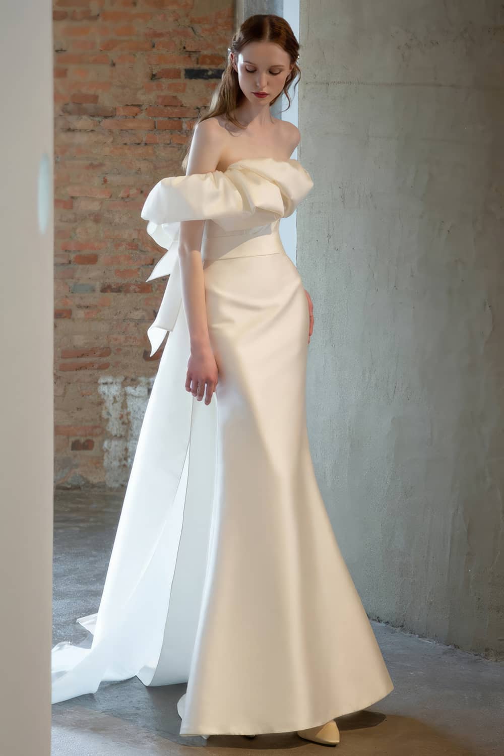 Off-shoulder satin wedding dress